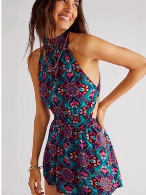 Free People Coral Tides Romper Floral Halter Open Back Cutout Boho Medium